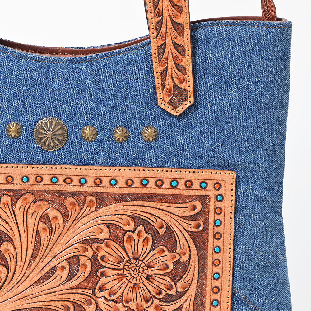 American Darling Blue Denim & Tooled Leather Western Handbag with Turquoise Studs