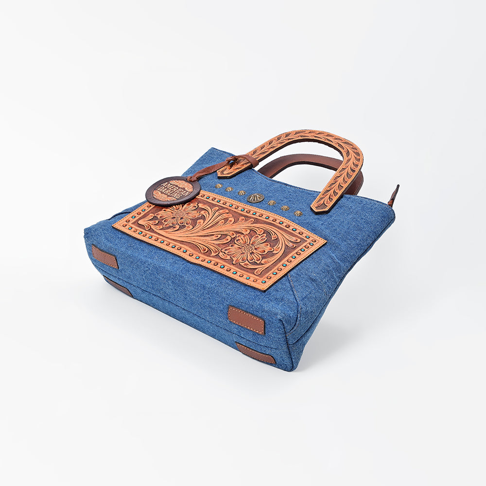 American Darling Blue Denim & Tooled Leather Western Handbag with Turquoise Studs