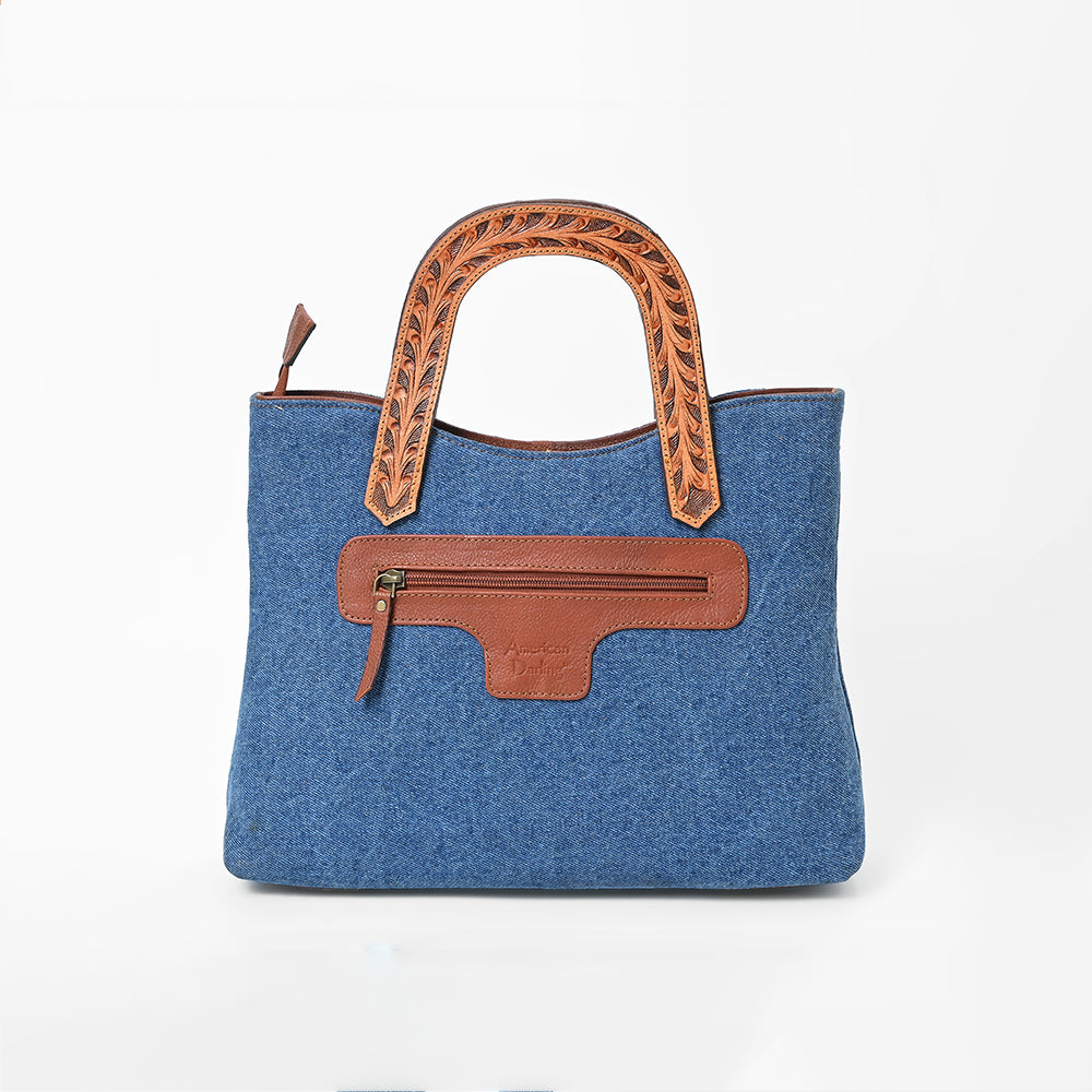 American Darling Blue Denim & Tooled Leather Western Handbag with Turquoise Studs