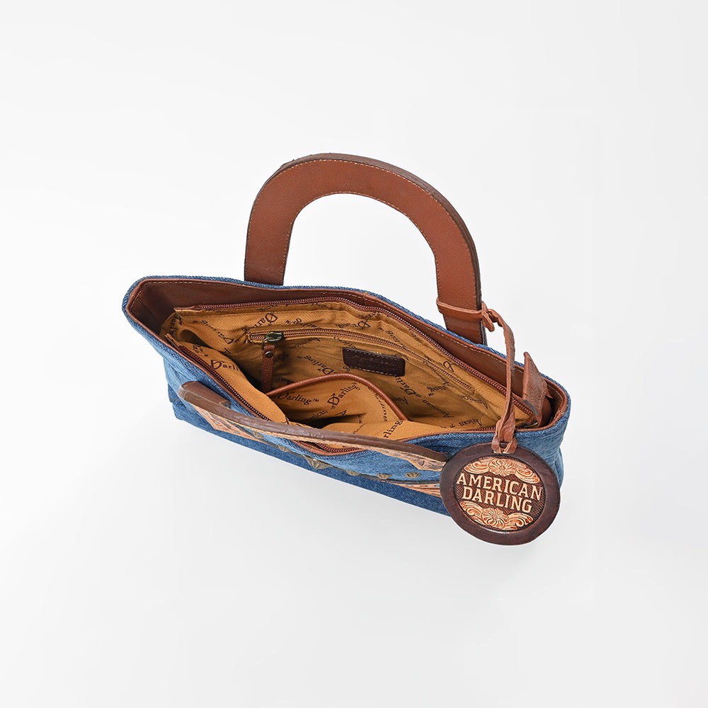 American Darling Blue Denim & Tooled Leather Western Handbag with Turquoise Studs