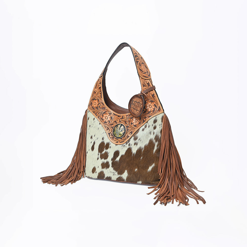 Western Hand-Tooled Leather Hobo Bag with Hair-On Hide & Fringe – Artisan Shoulder Handbag