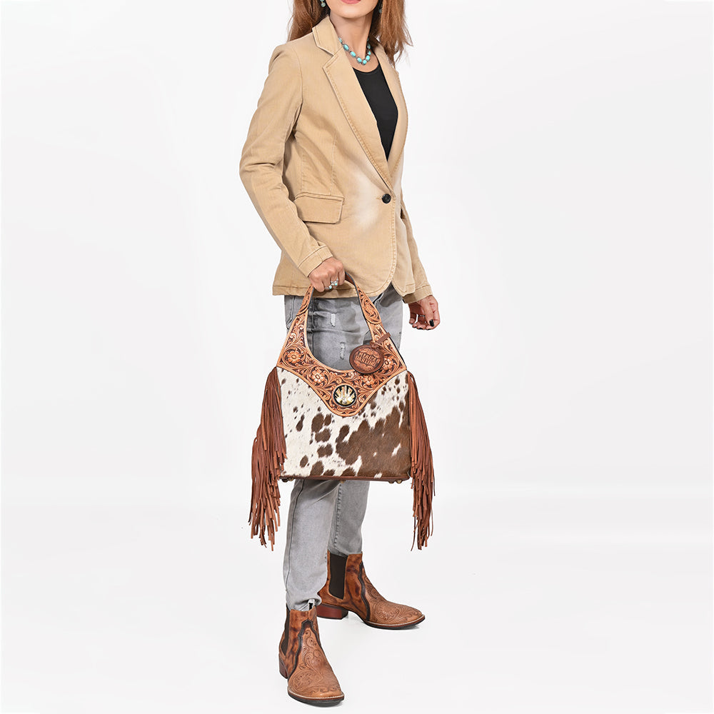 Western Hand-Tooled Leather Hobo Bag with Hair-On Hide & Fringe – Artisan Shoulder Handbag