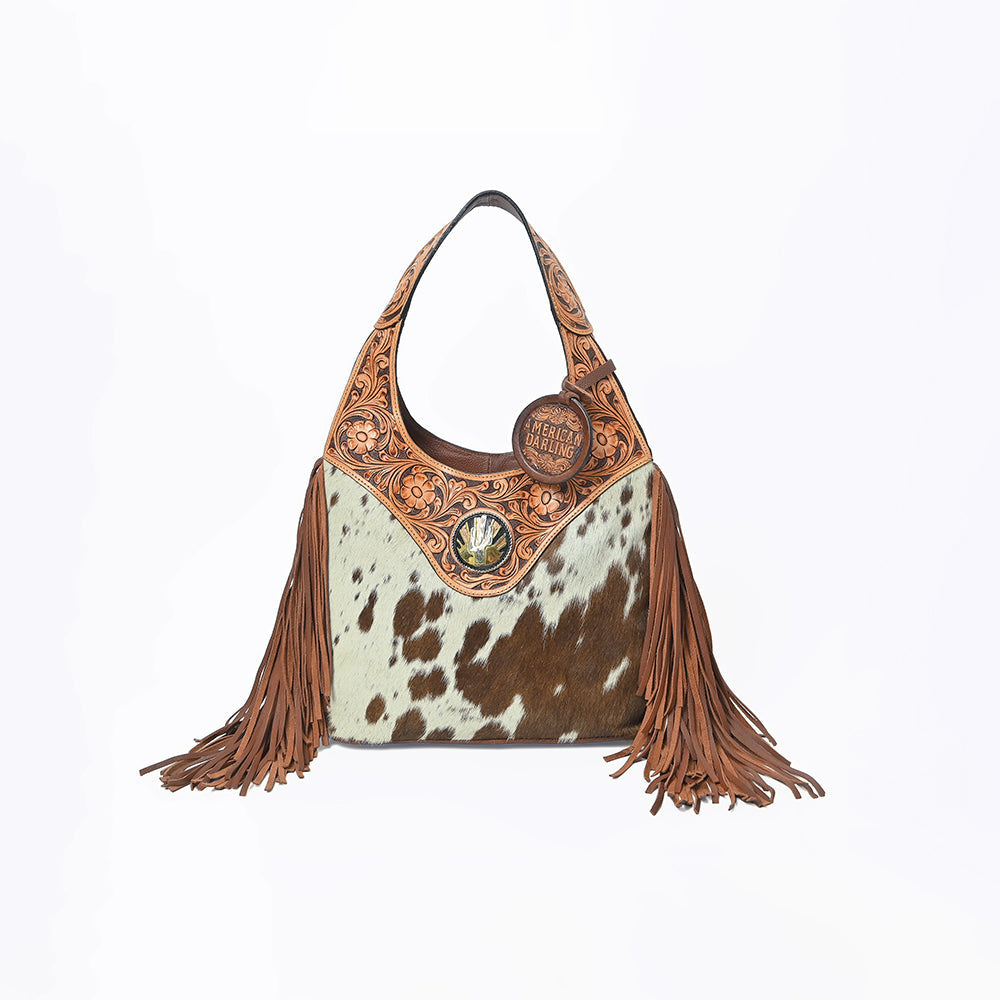 Western Hand-Tooled Leather Hobo Bag with Hair-On Hide & Fringe – Artisan Shoulder Handbag