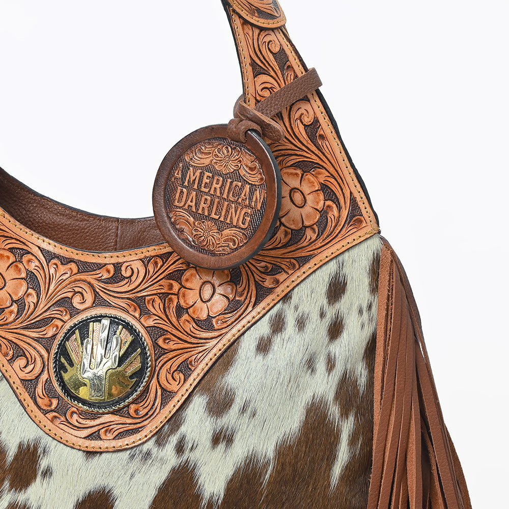 Western Hand-Tooled Leather Hobo Bag with Hair-On Hide & Fringe – Artisan Shoulder Handbag