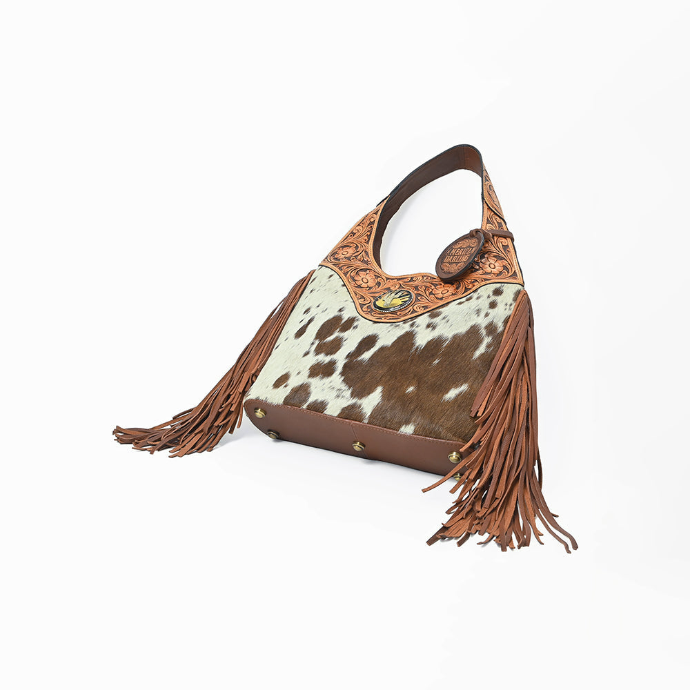 Western Hand-Tooled Leather Hobo Bag with Hair-On Hide & Fringe – Artisan Shoulder Handbag