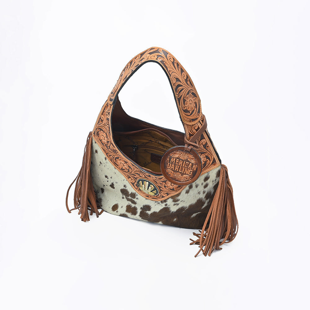 Western Hand-Tooled Leather Hobo Bag with Hair-On Hide & Fringe – Artisan Shoulder Handbag