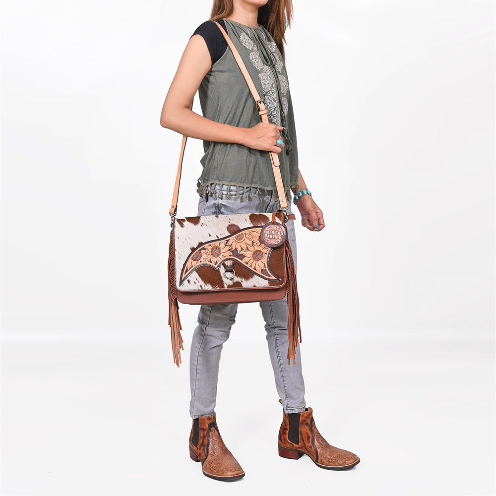 American Darling Cowhide Leather Handbag with Sunflower Tooled Flap & Fringe Accents