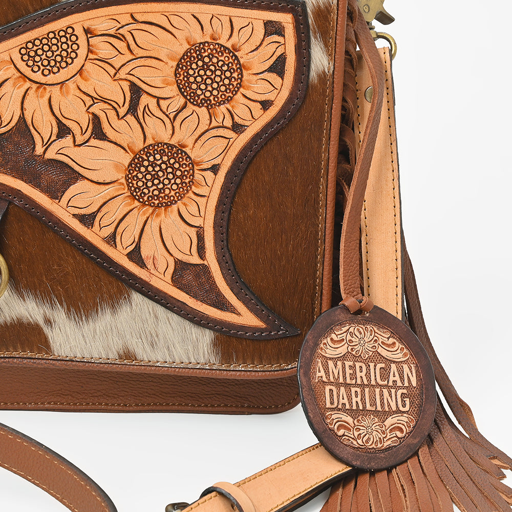 American Darling Cowhide Leather Handbag with Sunflower Tooled Flap & Fringe Accents