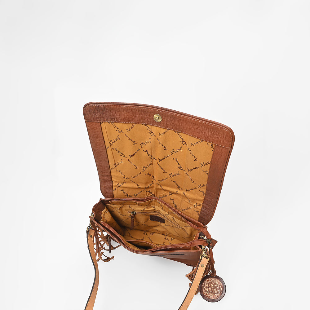 American Darling Cowhide Leather Handbag with Sunflower Tooled Flap & Fringe Accents