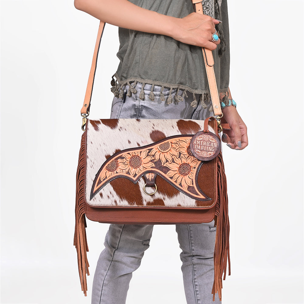 American Darling Cowhide Leather Handbag with Sunflower Tooled Flap & Fringe Accents