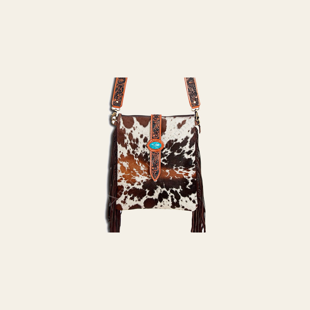 American Darling Large Cross body Bag for Women, Hand Tooled Floral Leather, Hair-on Cowhide with Turquoise & Fringes
