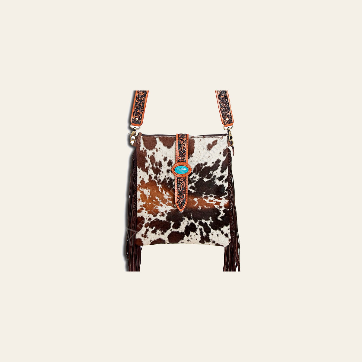 American Darling Large Cross body Bag for Women, Hand Tooled Floral Leather, Hair-on Cowhide with Turquoise & Fringes