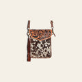 American Darling Messenger Bag, Hand Tooled Floral Leather & Hair-On Cowhide Crossbody with Fringes, 8in (H) X 6in (W)