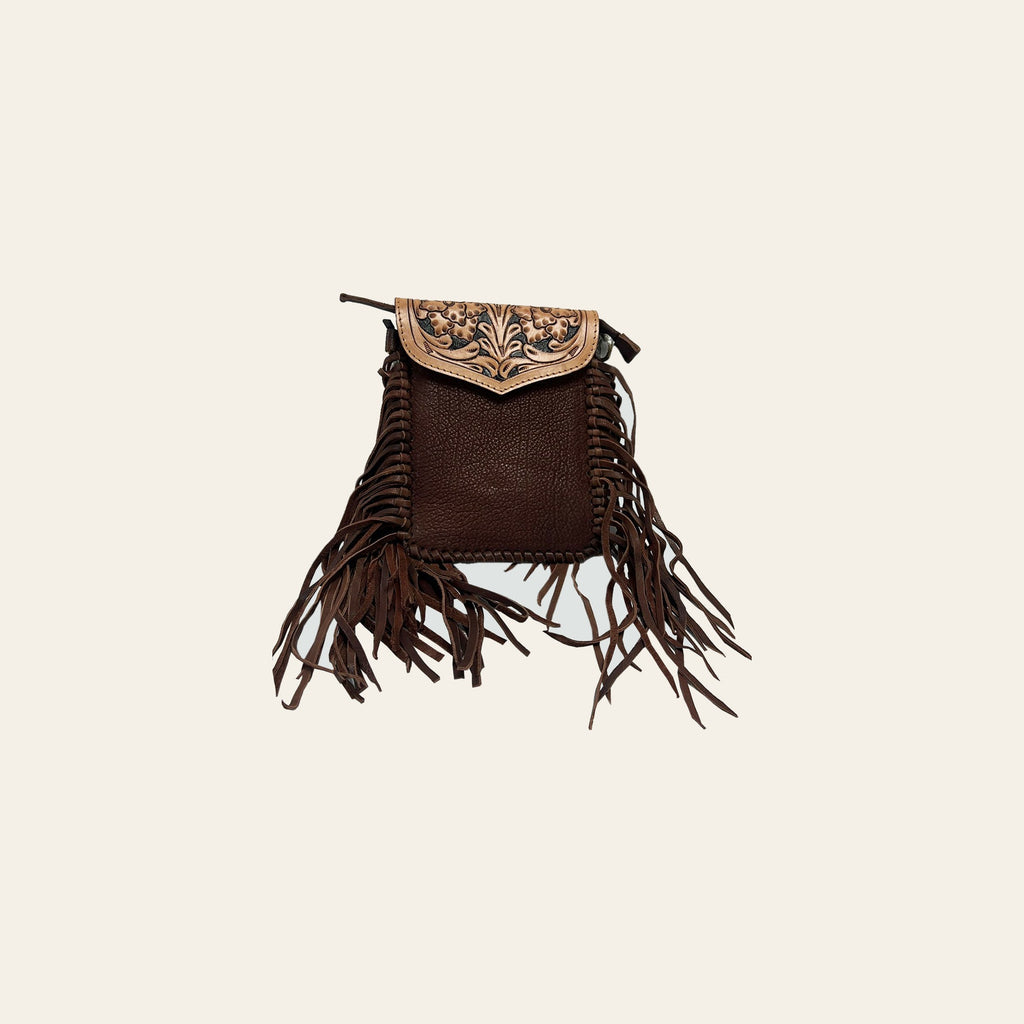 American Darling Small Cross body Bag, Hand Tooled Floral Leather with Fringes & Braided Detail, 8in (H) X 6in (W)