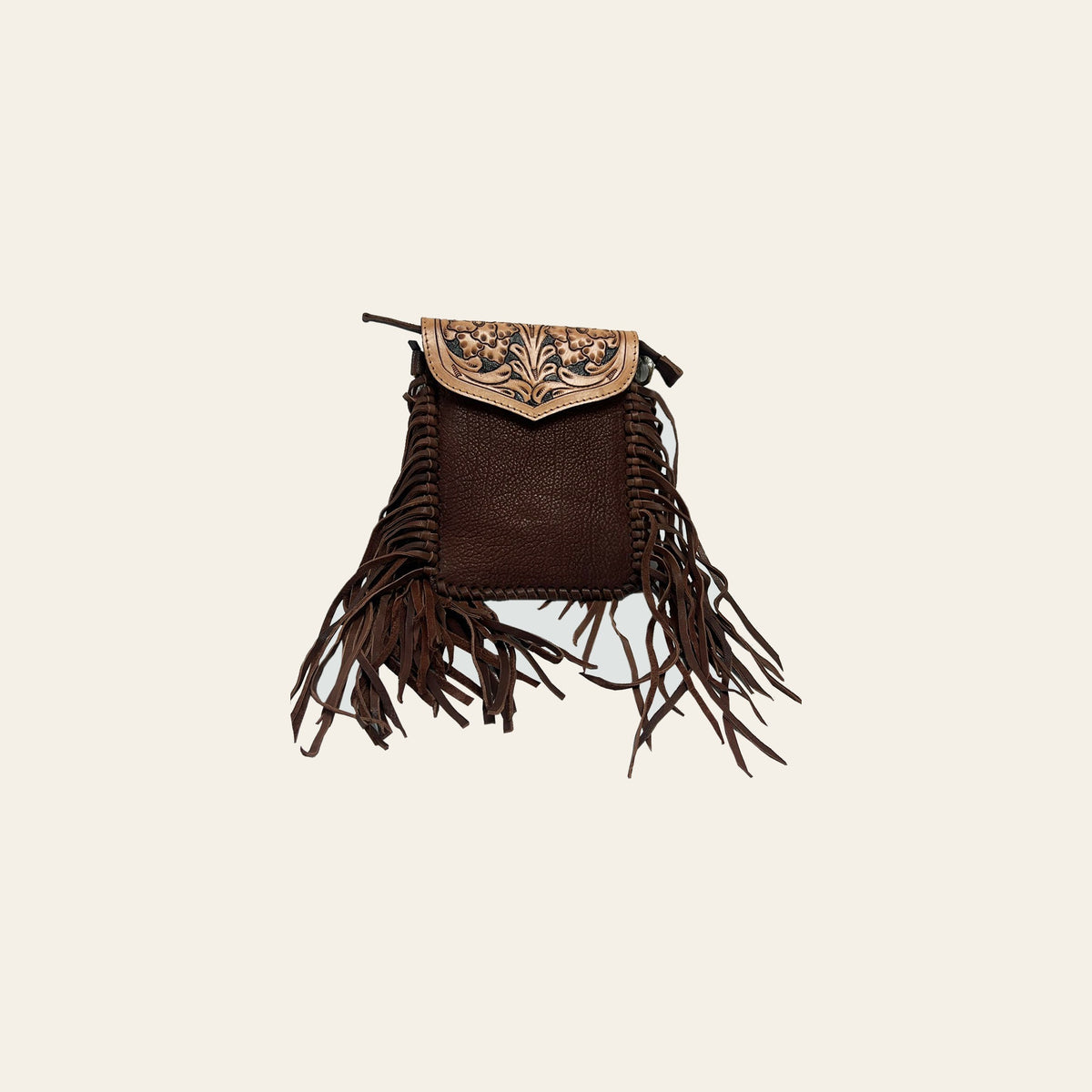 American Darling Small Cross body Bag, Hand Tooled Floral Leather with Fringes & Braided Detail, 8in (H) X 6in (W)