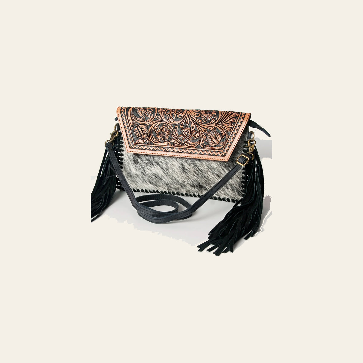 American Darling Western Envelope Bag, Hand Tooled Floral Leather & Hair-On Cowhide Crossbody with Fringes, 7in (H) X 12in (W)