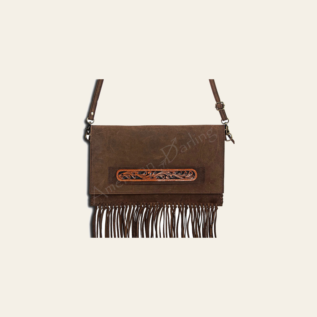 American Darling Western Envelope Bag, Hand Tooled Genuine Leather Crossbody with Fringes, 8in (H) X 14in (W)