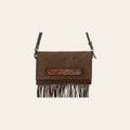 American Darling Western Envelope Bag, Hand Tooled Genuine Leather Crossbody with Fringes, 8in (H) X 14in (W)