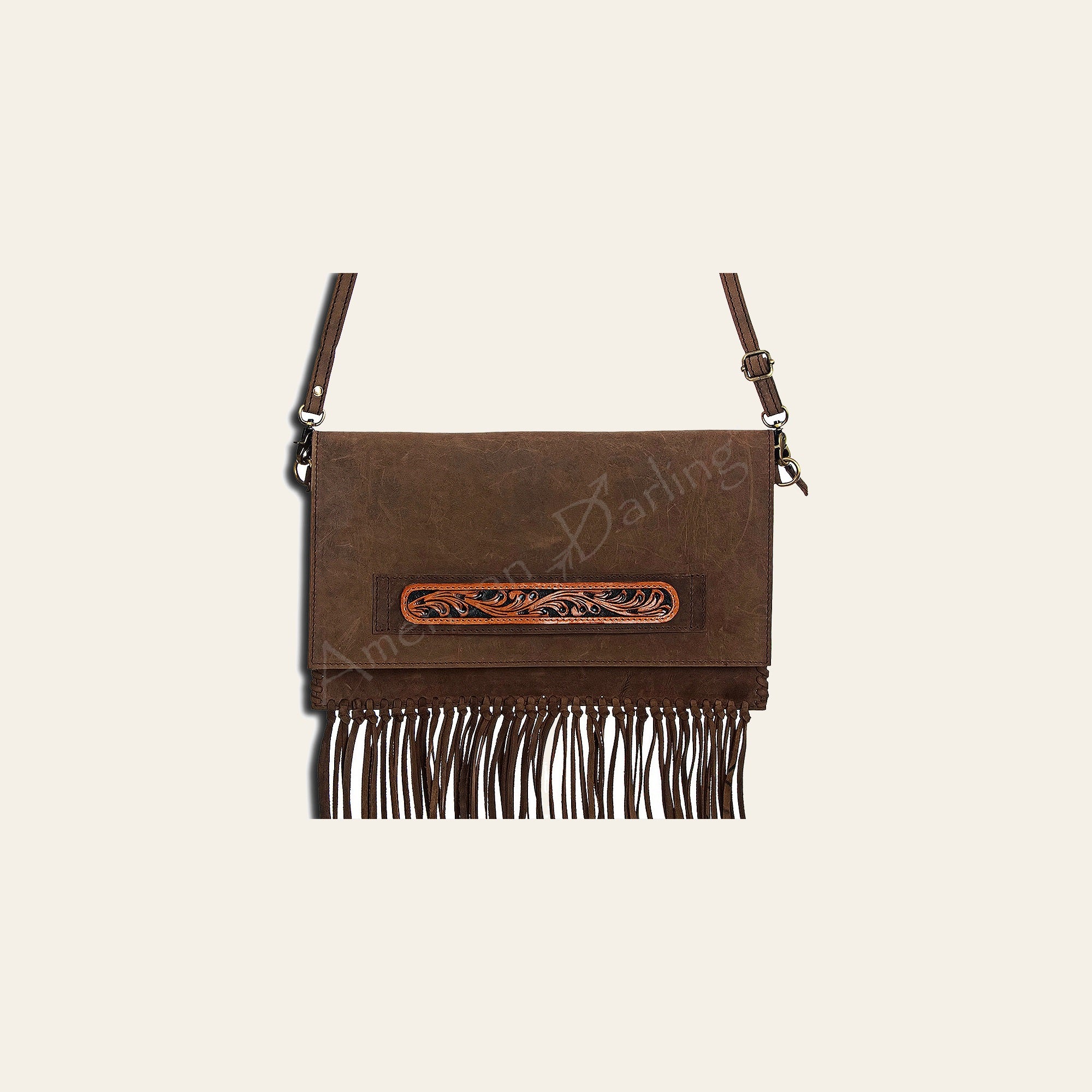 American Darling Western Envelope Bag, Hand Tooled Genuine Leather Crossbody with Fringes, 8in (H) X 14in (W)