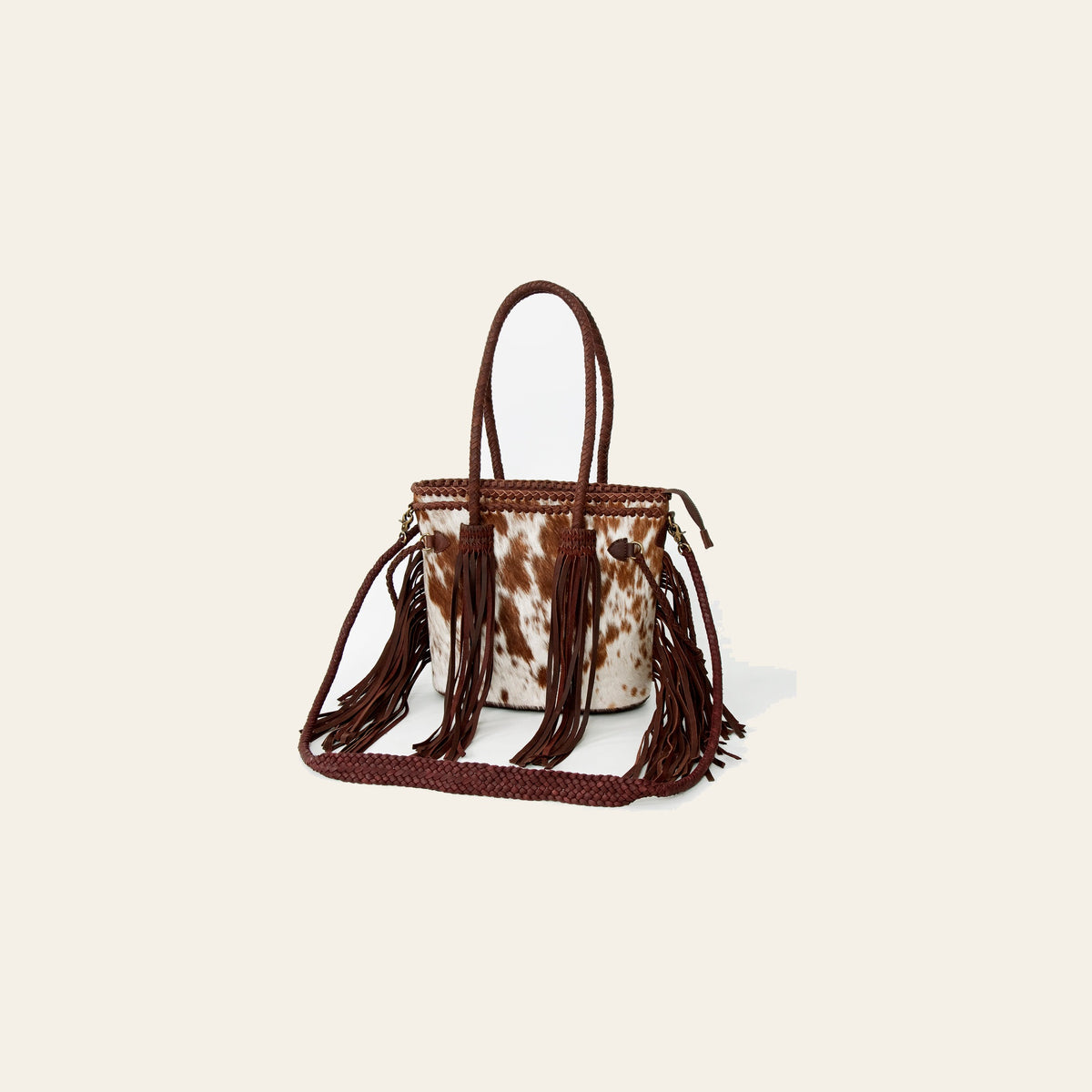American Darling Tote Bag, Genuine Hair-On Cowhide & Leather with Fringes, Braided Handles Crossbody, 11in (H) X 12in (W)