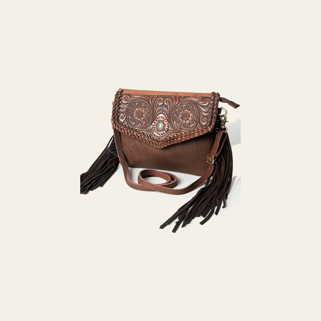 American Darling Western Envelope Bag, Hand Tooled Floral Leather Crossbody with Turquoise Concho & Fringes, 8in (H) X 11in (W)