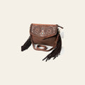 American Darling Western Envelope Bag, Hand Tooled Floral Leather Crossbody with Turquoise Concho & Fringes, 8in (H) X 11in (W)