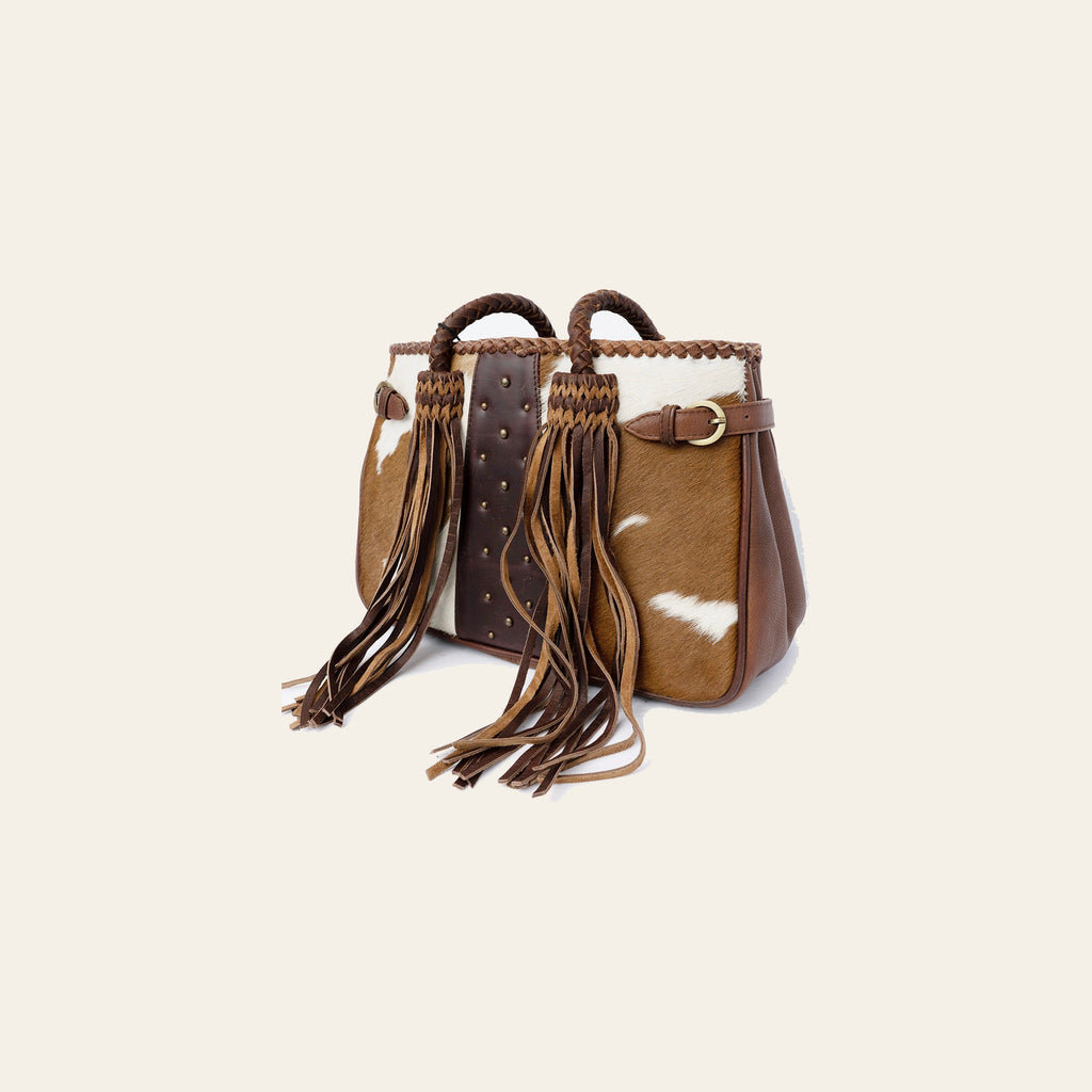 American Darling Tote Bag, Genuine Hair-On Cowhide & Riveted Leather with Braided Handles and Fringes, Handcrafted