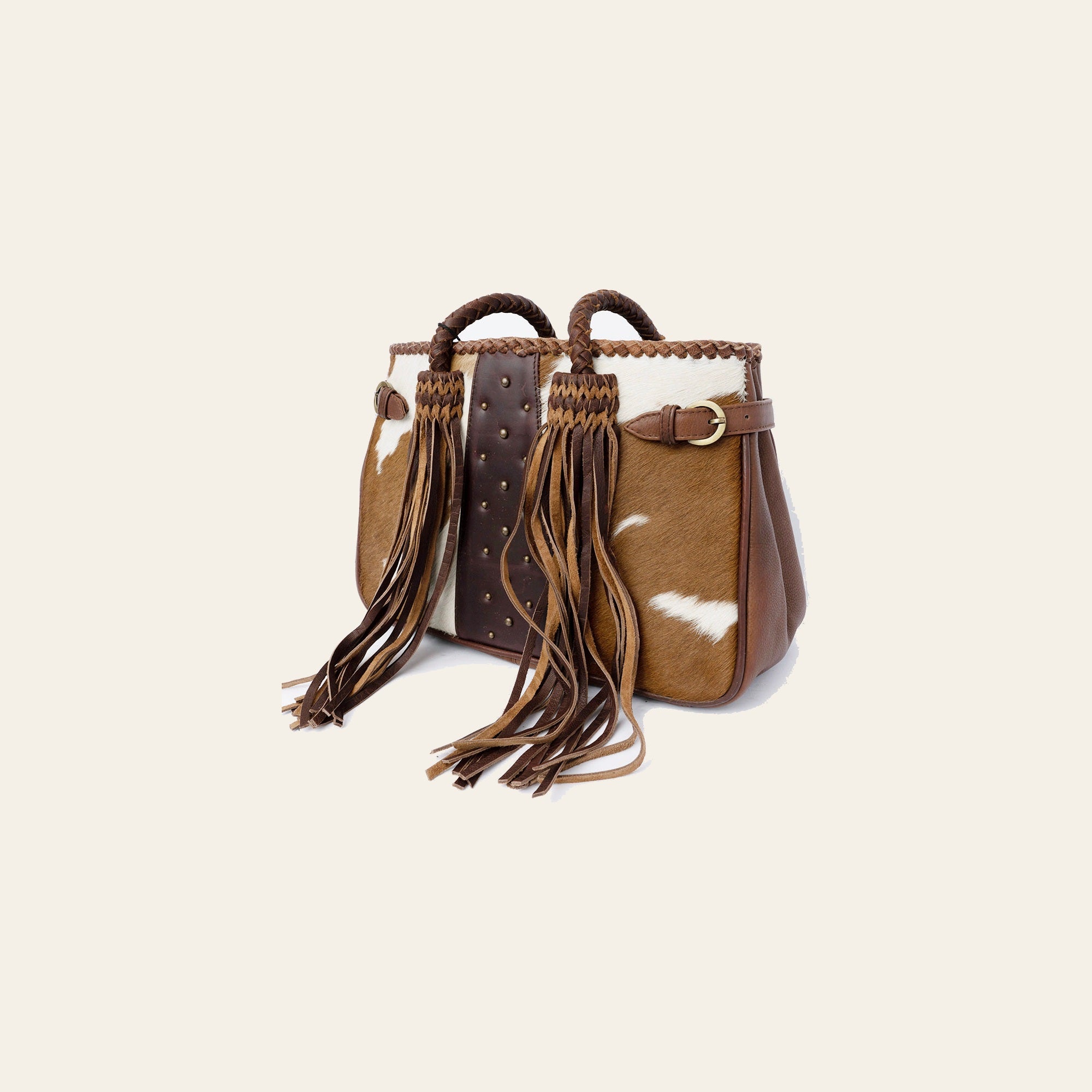 American Darling Tote Bag, Genuine Hair-On Cowhide & Riveted Leather with Braided Handles and Fringes, Handcrafted