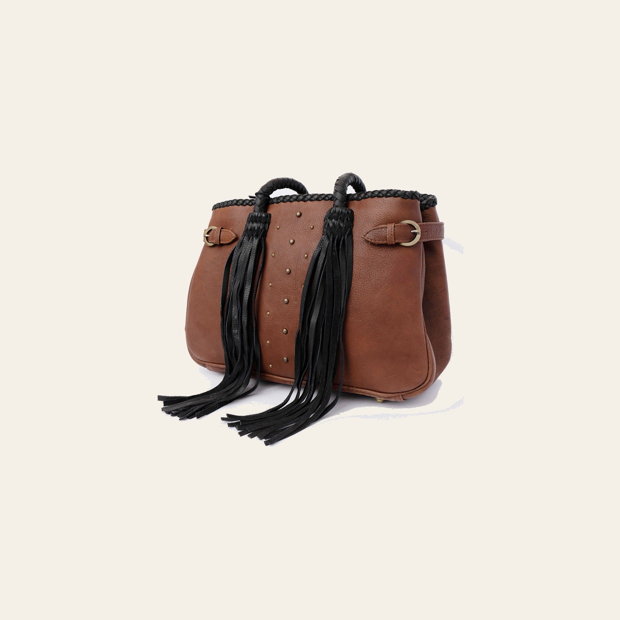 American Darling Tote Bag, Riveted Genuine Leather with Braided Handles and Long Fringes, Western Style, Handcrafted