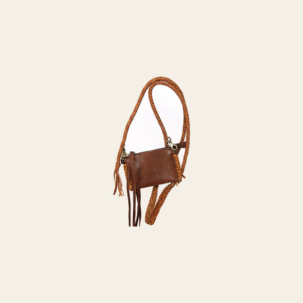 American Darling Small Cross body Bag, Genuine Vegetable-Tanned Leather Handbag with Braided Strap and Fringes, 4in X 6in