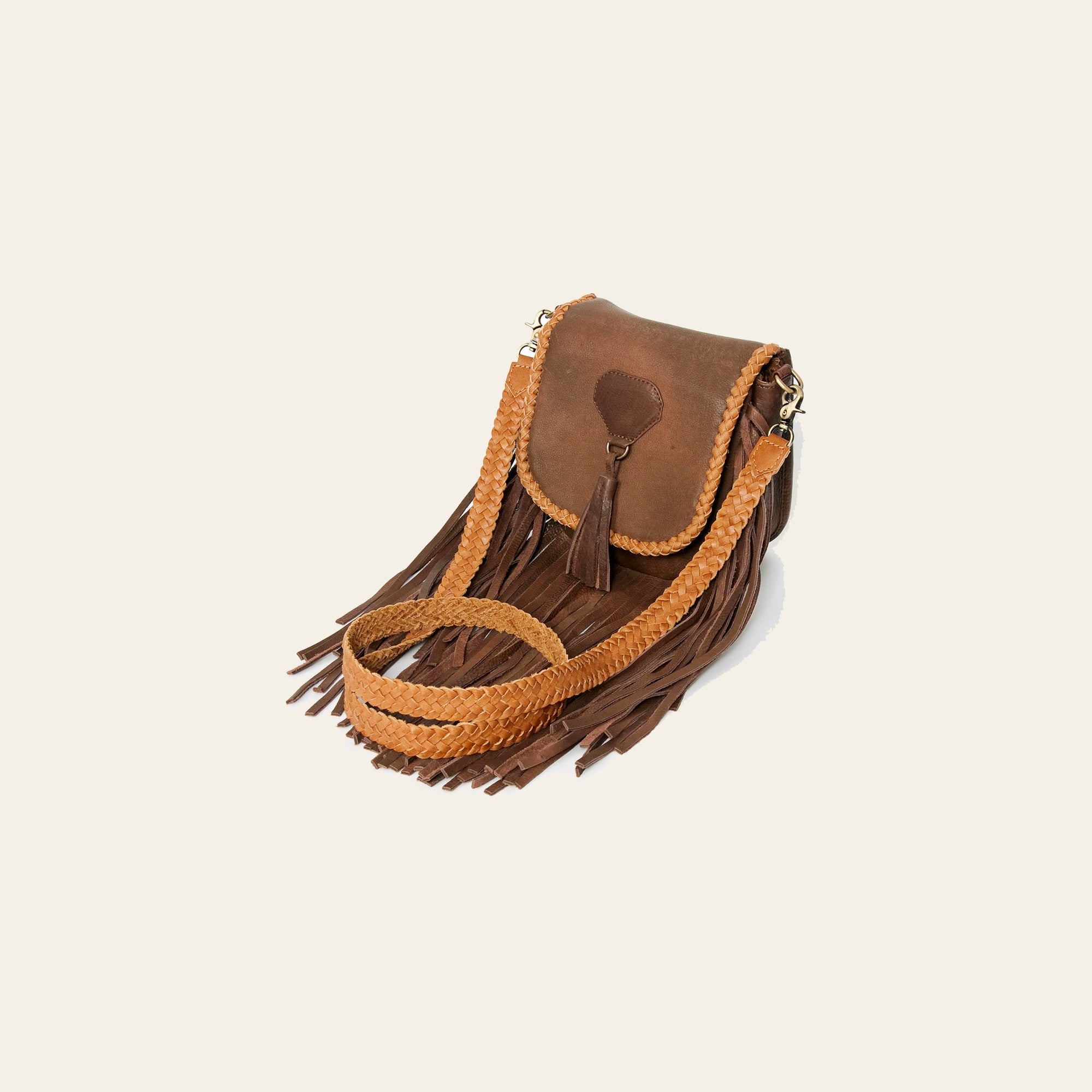 American Darling Cross body Bag, Handcrafted Genuine Leather with Long Fringes and Braided Detail, 7in (H) X 7in (W) X 4in (D)