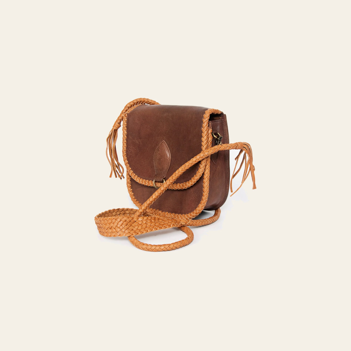 American Darling Cross body Bag, Handcrafted Genuine Leather with Braided Detail and Fringes, 9in (H) X 9in (W) X 4in (D)