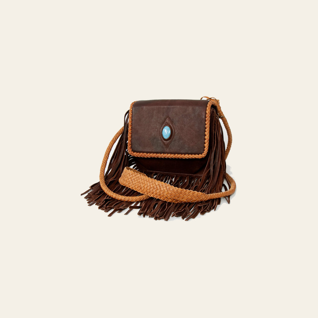 American Darling Cross body Bag, Genuine Vegetable-Tanned Leather Western Purse with Stone, Braided Trim & Long Fringes