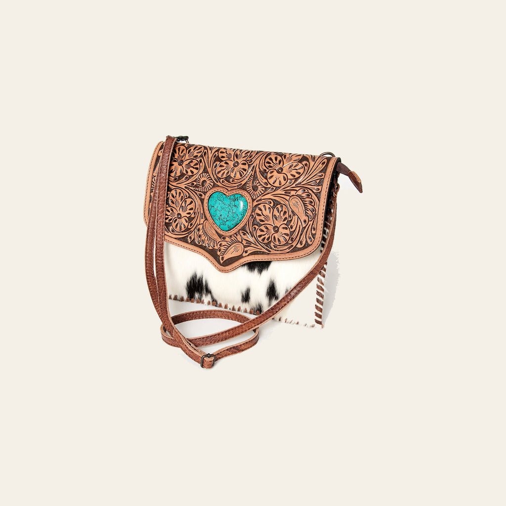 American Darling Cross body Bag, Hand Tooled Floral Leather, Hair-On Cowhide, Turquoise Stone, Western Handcrafted Purse