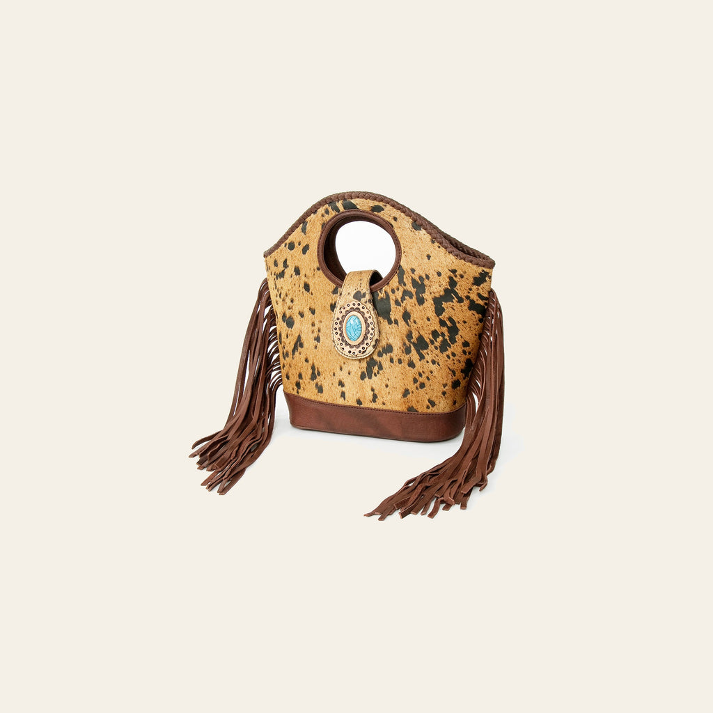 American Darling Clutch Bag, Genuine Vegetable-Tanned Leather, Hair-On Cowhide with Fringes & Turquoise Stone, Western Purse