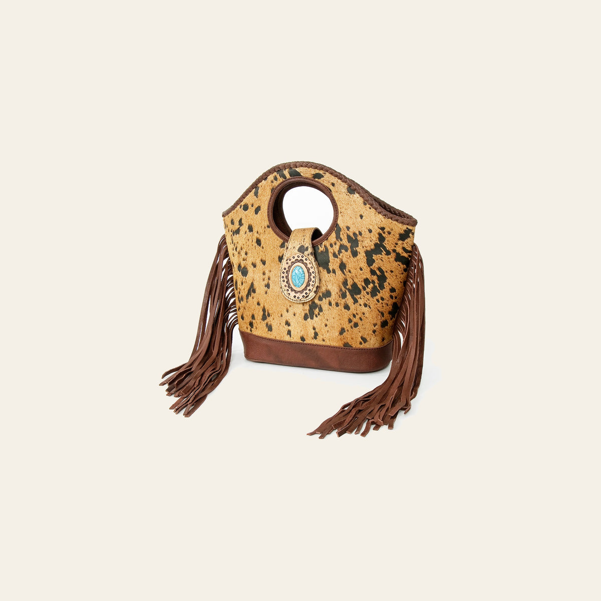 American Darling Clutch Bag, Genuine Vegetable-Tanned Leather, Hair-On Cowhide with Fringes & Turquoise Stone, Western Purse