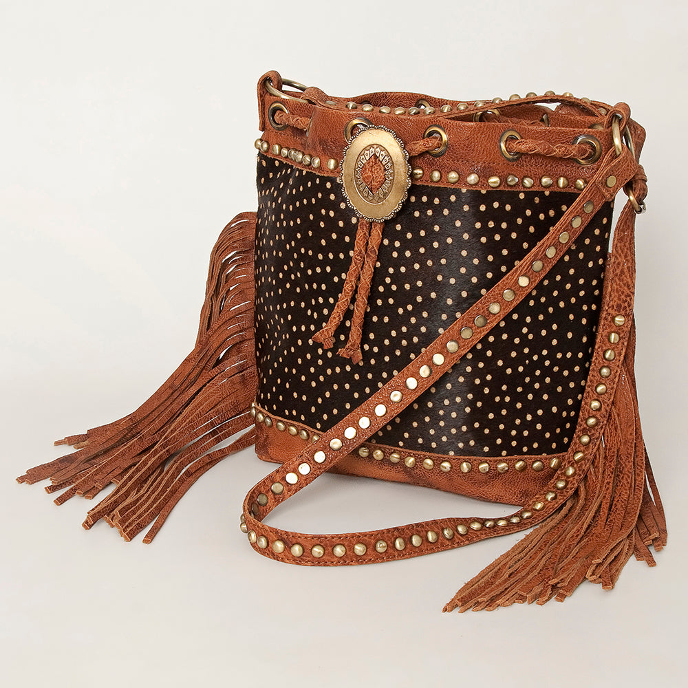 American Darling Bucket Bag Hair-On Cowhide Genuine Leather Fringes Riveted Drawstring Western Purse 11in X 13in X 5in