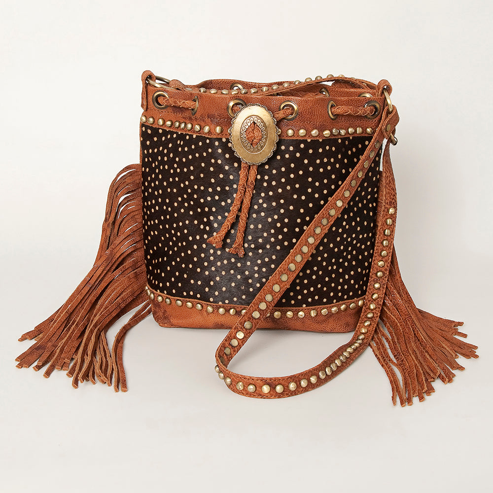 American Darling Bucket Bag Hair-On Cowhide Genuine Leather Fringes Riveted Drawstring Western Purse 11in X 13in X 5in