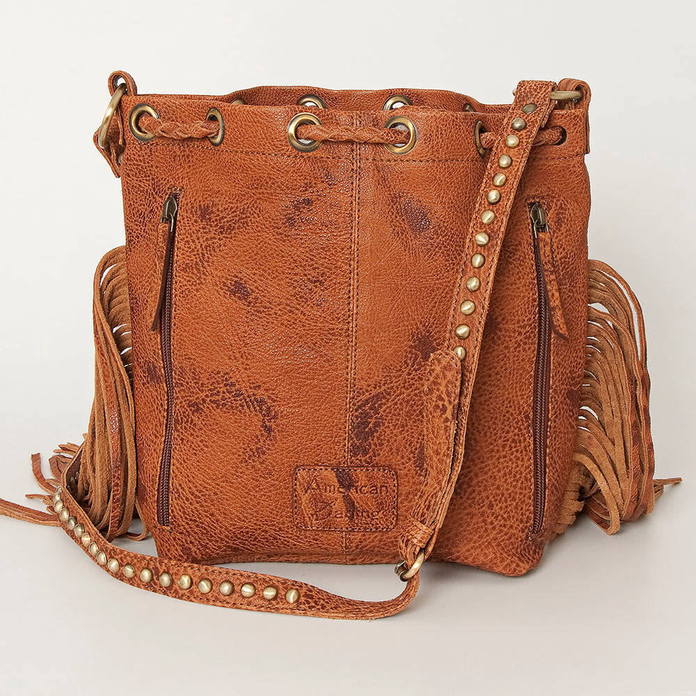 American Darling Bucket Bag Hair-On Cowhide Genuine Leather Fringes Riveted Drawstring Western Purse 11in X 13in X 5in