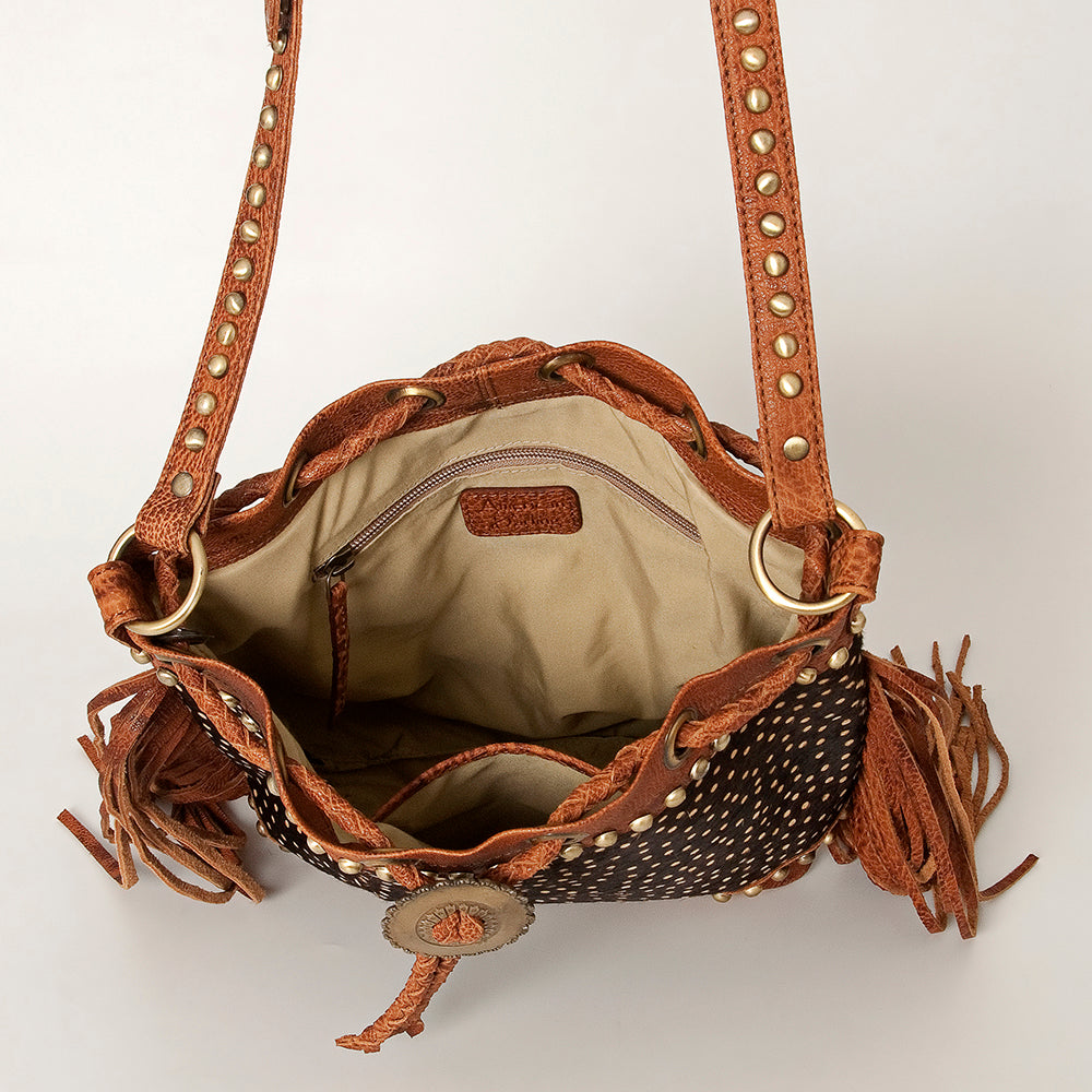 American Darling Bucket Bag Hair-On Cowhide Genuine Leather Fringes Riveted Drawstring Western Purse 11in X 13in X 5in