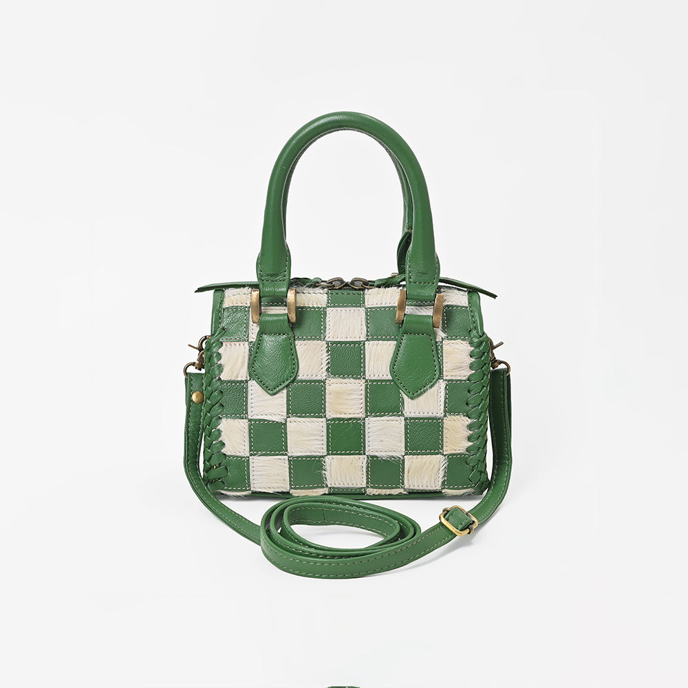 American Darling Hair-On Cowhide Leather Satchel Handbag for Women-Green Ivory Checkerboard Crossbody Purse