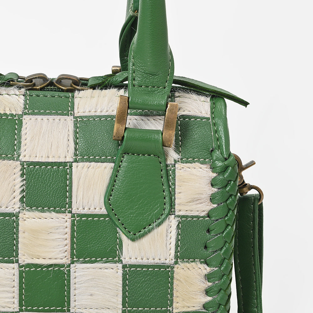 American Darling Hair-On Cowhide Leather Satchel Handbag for Women-Green Ivory Checkerboard Crossbody Purse