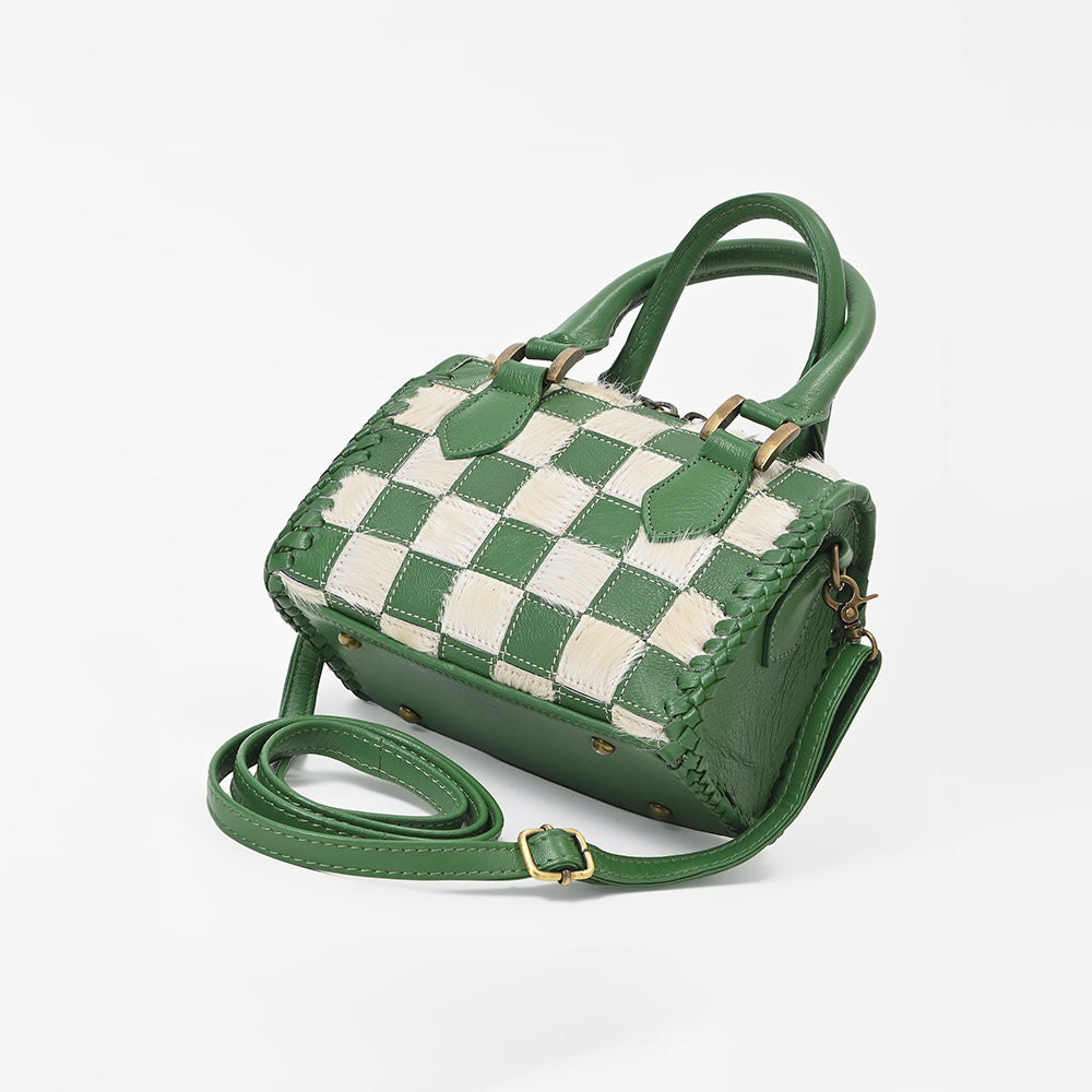American Darling Hair-On Cowhide Leather Satchel Handbag for Women-Green Ivory Checkerboard Crossbody Purse