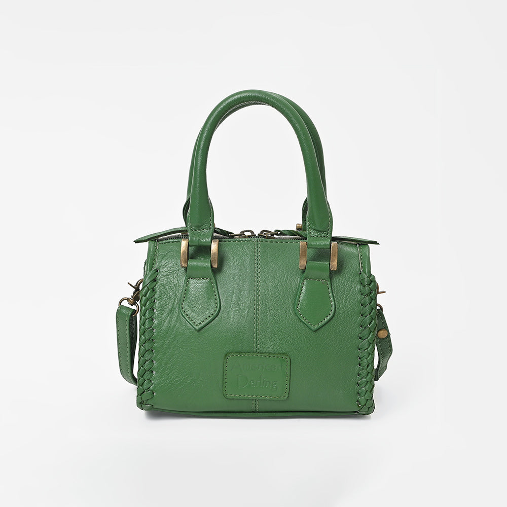 American Darling Hair-On Cowhide Leather Satchel Handbag for Women-Green Ivory Checkerboard Crossbody Purse