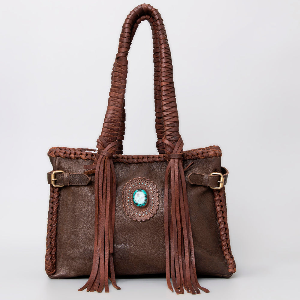 American Darling Tote Bag Western Genuine Leather Handcrafted Purse with Fringes and Turquoise Stone and Braided Handles