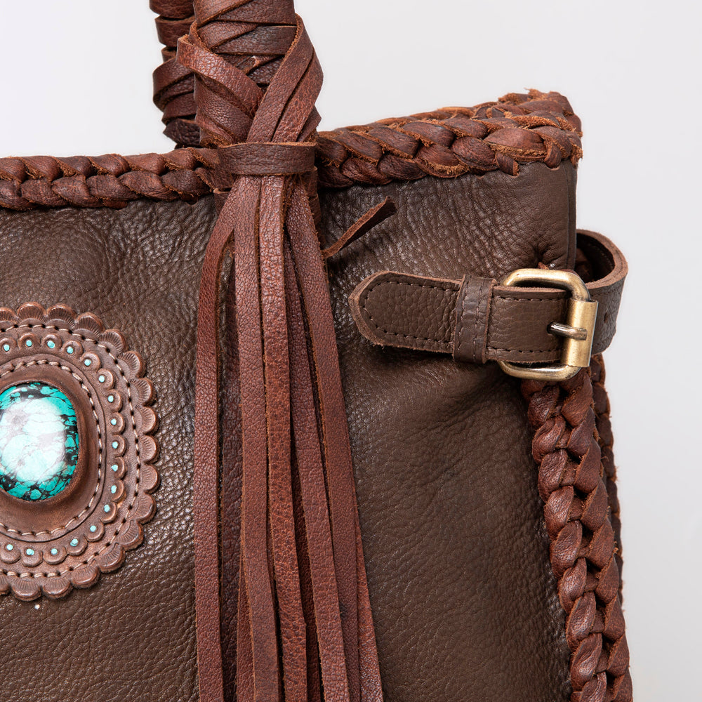 American Darling Tote Bag Western Genuine Leather Handcrafted Purse with Fringes and Turquoise Stone and Braided Handles