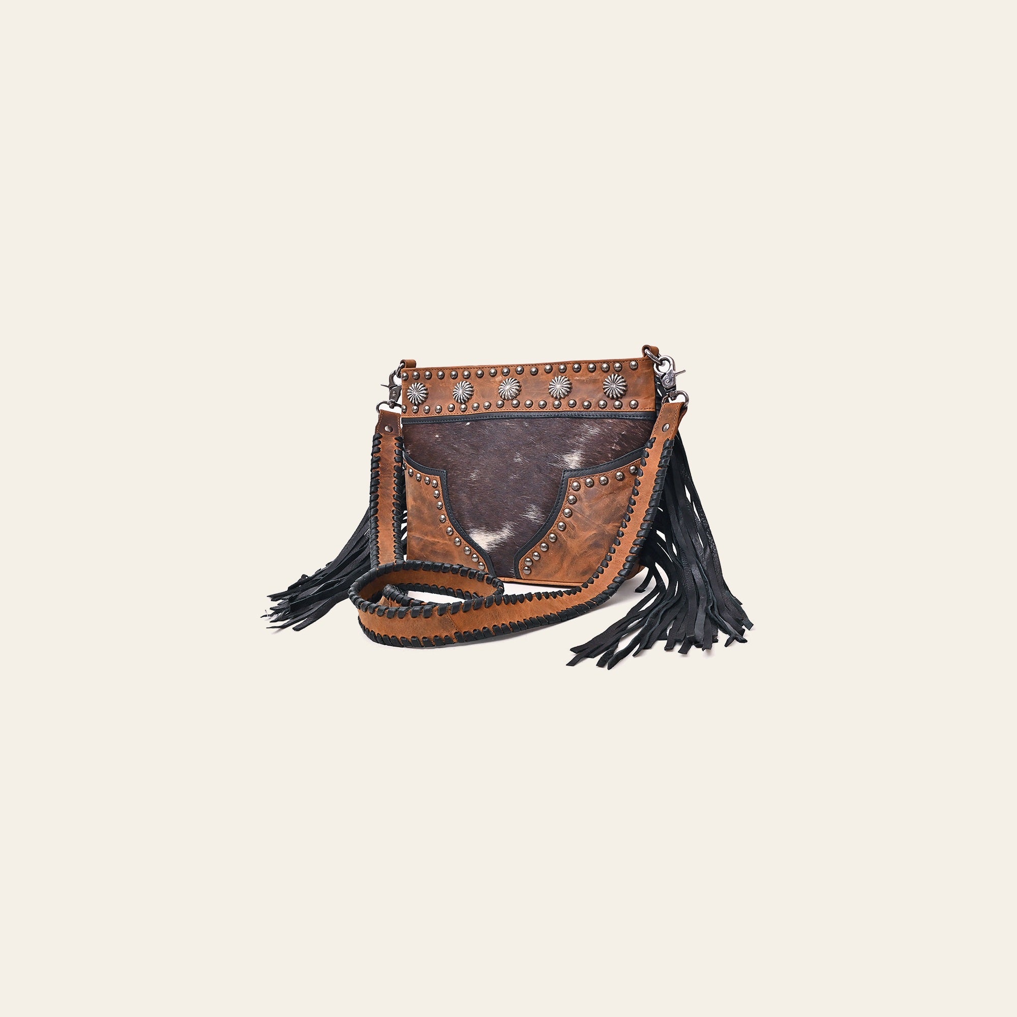 American Darling Cross body Bag Western Hair-On Cowhide Leather Purse with Fringes Concho and Braided Detailing