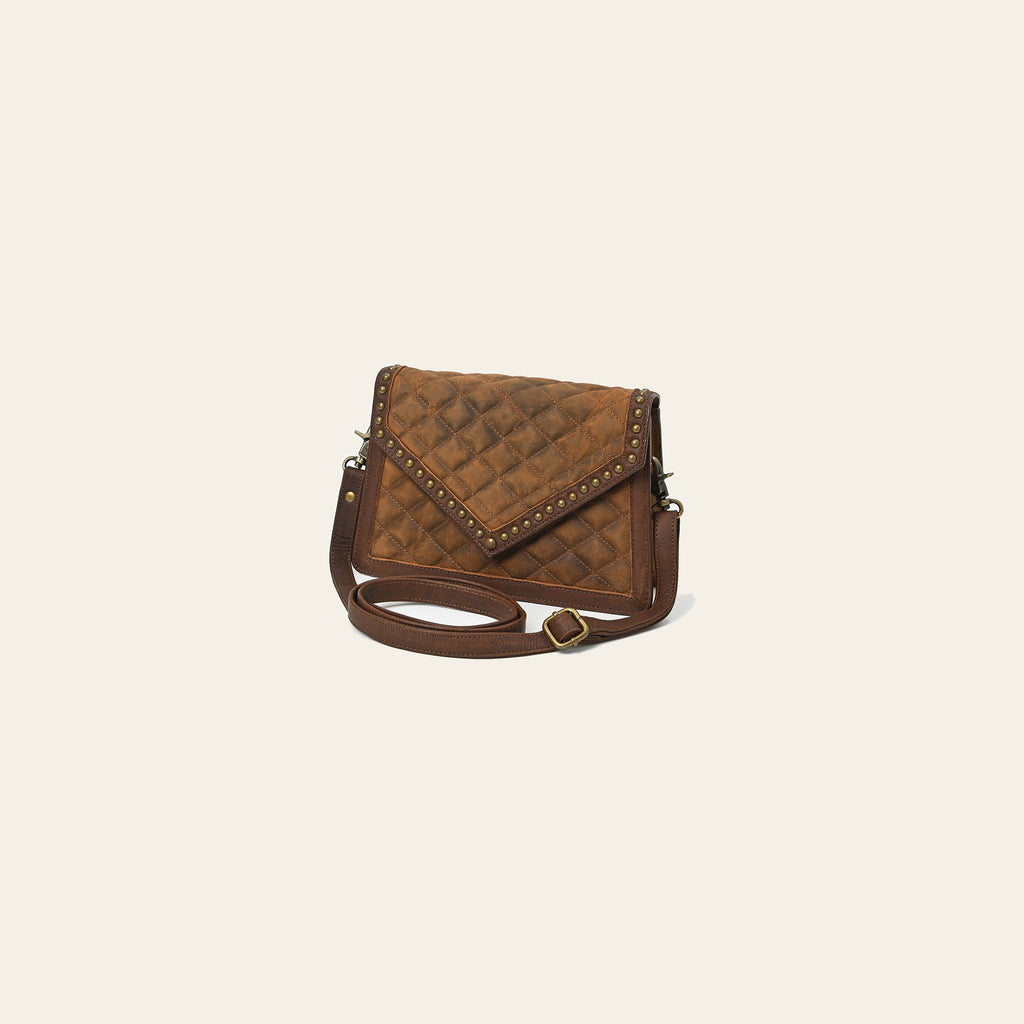 American Darling Vintage Quilted Leather Crossbody Bag for Women – Genuine Leather Studded Shoulder Bag with Adjustable Strap