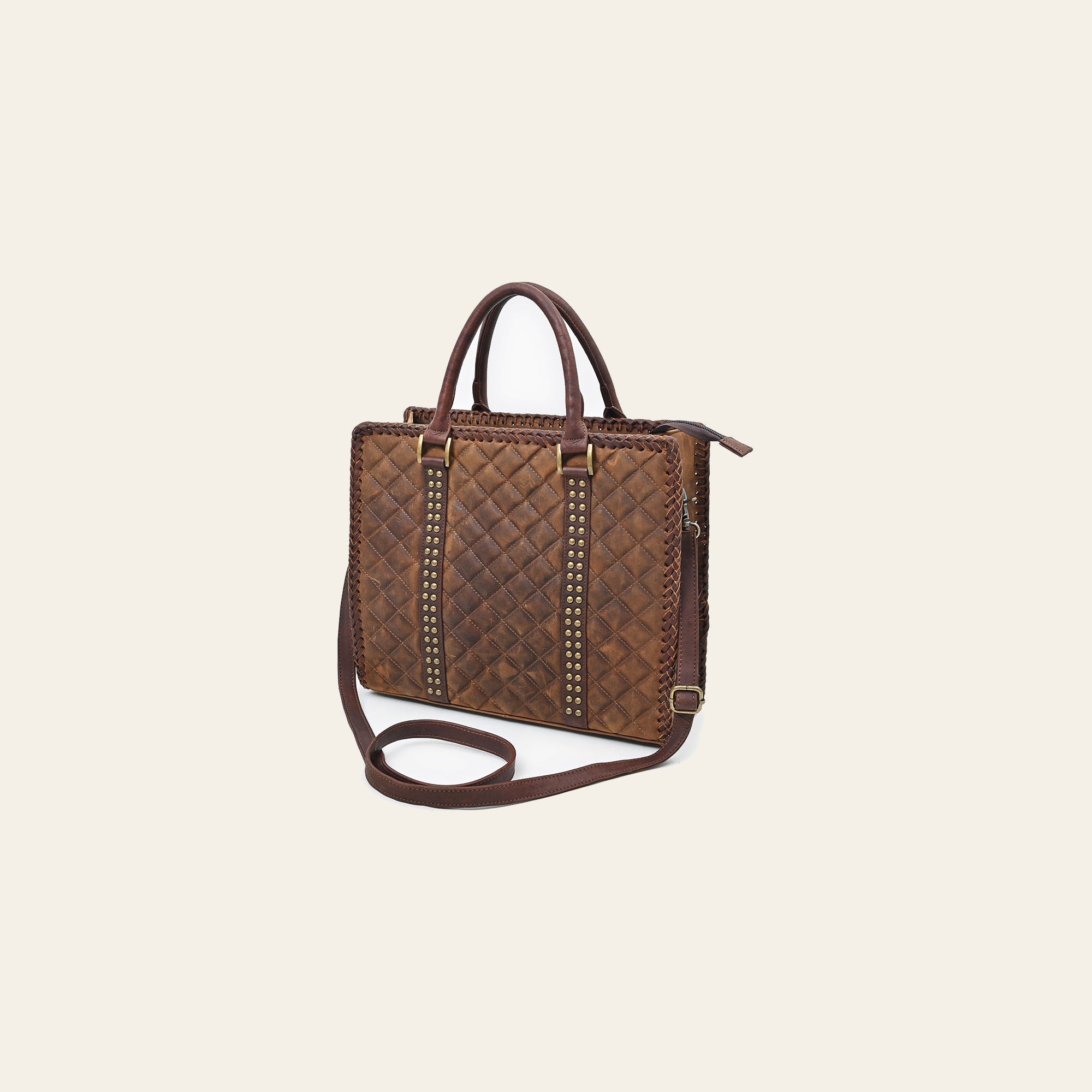 American Darling Tote Bag Western Quilted Genuine Leather Handbag with Riveted Accents Braided Trim and Premium YKK Zipper