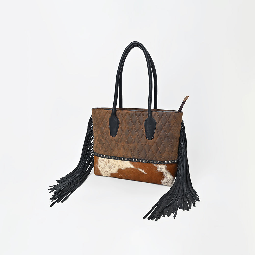 American Darling Western Quilted Leather Tote with Hair-On Panel & Fringe